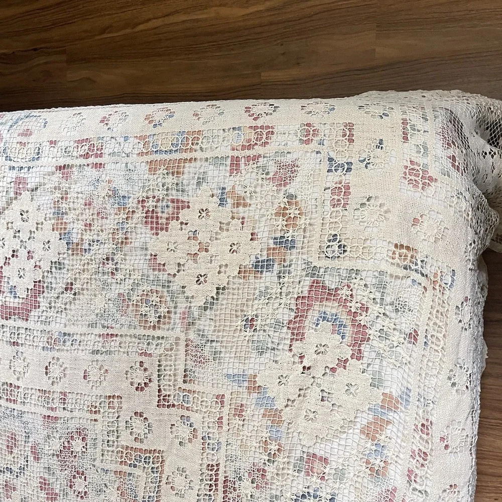 Vtg Cream Ivory Lace Bedspread Boho Floral Medallion Fringe King 105x90 Granny